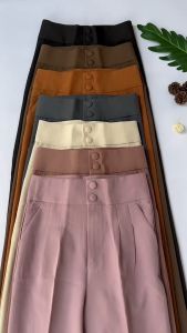 กางเกงเอวสูงทรงบอยกระดุมคู่ผ้ารามาด้า