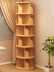 360 Degree Rotating Solid Wood Bookshelf Floor Standing Storage Cabinet Circular Childrens Book Rack Home Use Student Desk Organizer