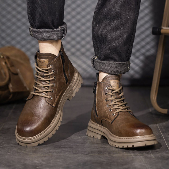 Mens Martin Boots Winter Warm Thick Bottom High Top Leather Fleece