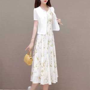 New 2025 Summer Womens Chinese Style Floral Print Chiffon Midi Dress Set Two-Piece Korean Fashion Commute A-Line Skirt