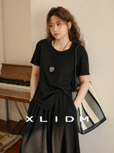 Slimming Visual Effect plus Size Womens Fashion Set Elastic Skin-friendly Pleated Short Sleeve A-line Skirt Ensemble