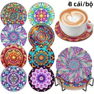 Bộ 8 Miếng Lót Ly Mandala Vẽ Kim Cương Kèm Giá Đỡ Bộ Dụng Cụ Làm Thủ Công Nghệ Thuật Tự Làm Dành Cho Người Mới Bắt Đầu Đồ Dùng Làm Tranh Khảm Acrylic Quà Tặng
