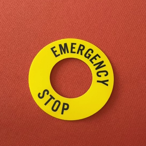 Emergency Stop Sticker. Safety Warning Machine E-Stop Button. Sign Label. Ring Round Donut Shape Circle Hole Center