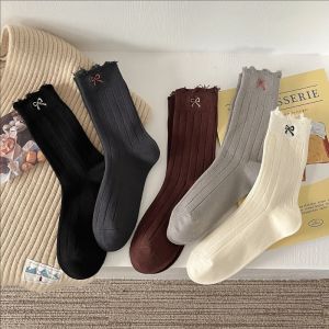 Womens Korean Style Solid Color Socks Sweet Bowknot Mid Tube Socks with Broken Hole Edge Design Autumn Winter Warm Socking All-Match Ins Trendy Casual Socks