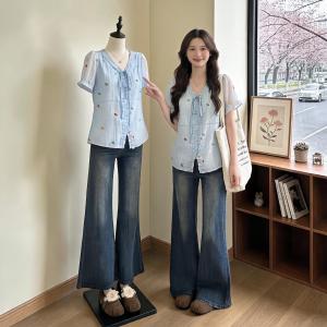 Slimming Summer Plus Size Cartoon Embroidery Blue Shirt Short Sleeve