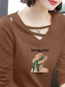 100% Pure Cotton V-neck Long Sleeves T-Shirt Womens Spring and Autumn New Arrival K-style Easiest for Match Loose Slimming Sense of Design Base Tops