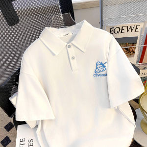 Pure Cotton Short Sleeve Polo Shirt Womens Casual Loose Fit T-shirt Summer White Embroidered Strawberry Top for Couples