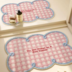 VIKAMA Korean Plaid Text Floor Mat Anti Slip And Absorbent Cute Floor Mat Suitable For Bathroom Door Home Decoration