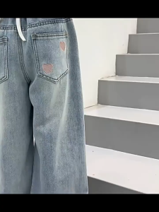 Sundaykids Girls Denim Pants Heart Embroidery Casual Jeans Wide-Leg Pants