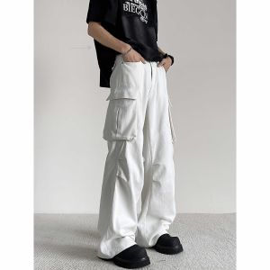 American Style Loose Fit White Denim Jeans Mens High Street Vibe Cool Multi Pocket Workwear Casual Paratrooper Pants