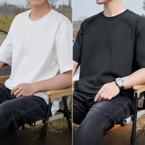 ROMON | Lormen Mens Pure Cotton Short Sleeve T-shirt Summer Thin Round Neck Heavyweight 240g Black Base Shirt Mens Upper Apparel