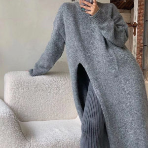 Ladies Long Knitted Dress Side Slit Loose Fit over Knee Comfortable Korean Style round Neck A-Line Dress Winter New Arrival