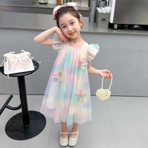 Princess Style Summer Dress for Girls Rainbow Tulle Skirt Cute Childrens Clothing Little Girls Summer Outfit Vest Dress