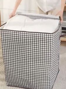 HOMEKING | 100L Fabric Storage Boxes with Lids Houndstooth Clothes Quilt Bins Container Organizers with handle Fabric Clothes Basket Multi-Purpose Blanket And Curtain Bag Foldable Pretty Decorative Storage Basket