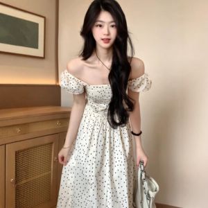 CHANGTONG | French Style Off-Shoulder Polka Dot Waist-Cinching Dress