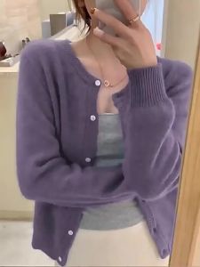 ali Áo Khoác Len Áo Cardigan Dệt Kim Phong Cách Lười Cổ Điển Rộng Rãi Phối Bên Trong Cổ Tròn Màu Trơn Nhẹ Nhàng Phong Cách Hàn Quốc Cho Nữ