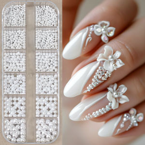 12Grids 3D Mixed White Pearls Nail Charms 0.15-0.5mm Round/Semicircle Pearl Beads Nail Art Rhinestones DIY Manicure Accessories