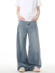 New American Retro Light Blue Draped Wide Leg Jeans Men Women CleanFit Washed Straight Long Trousers Trendy Casual Jeans