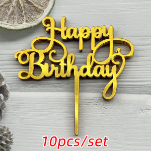 10Pcs Acrylic Happy Birthday Cake Topper Pink Gold Silver for Kids Men Women Baby Shower Party Decorations Gift Supplies