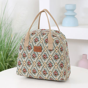 Retro Canvas Handbag with Thermal Layer And Lunch Box Storage Bag for Working Mothers Oil Painting Style Portable Bento Bag