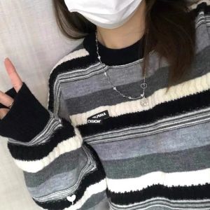 Idle Style Striped Retro Niche round Neck Pullover Sweater Womens Thickened Spring and Autumn Loose Top Coat Winter