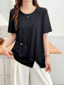 เสื้อยืดคอกลมแขนสั้นผ้าคอตตอนสำหรับผู้หญิงไซส์ใหญ่ ทรงสลิมฟิต ระบายอากาศได้ดี ใส่สบายในฤดูร้อน 2025 เสื้อตัวบนสีพื้นแบบลำลอง