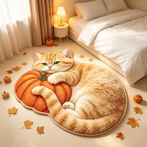 VIKAMA Cute Orange Cat Pumpkin Rug Autumn Plush Floor Mat Non Slip Doormat Bedroom Decor Thanksgiving Halloween Indoor Carpet