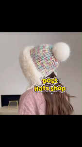 m&y shop หมวกกันหนาวขนเฟอร์นุ่มฟู ทรงคลุมหูป้องกันลม มาพร้อมสายถักเก๋ๆ สินค้าพร้อมส่งจากไทย D055