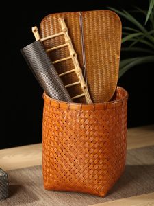 Handcrafted Bamboo Wicker Basket Retro Tea Set Scroll Desktop Organizer Fruit Basket Weaving Caddy Creative Home Decor