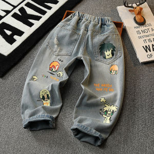 Boys Casual Cartoon Loose Fit Jeans Spring Autumn New Style Childrens Long Pants Cotton Polyester Recycled Viscose Blend