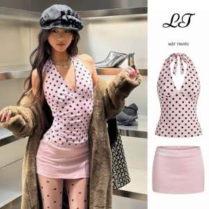 Set đồ quyến rũ gồm áo yếm thắt dây chấm bi ôm body phối chân váy Lụa chữ A dáng ngắn