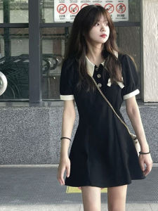 Hebe Style French Black Polo Collar Dress Women Summer New Arrival Waist Cinched Short Skirt Cotton Long Sleeve Solid Color