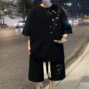 New Chinese Style Casual Sports Set Men Summer Trendy Loose plus Size Short Sleeve Shorts One Whole Set Teenagers Polyester