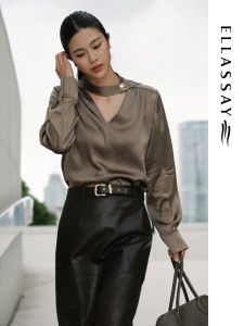 EllaSays Autumn New Style Womens Formal Shirt Acetate Satin Waterdrop Collar Slim Fit Long Sleeve V-neck Business Shirt