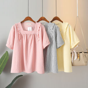Square Collar Plaid Shirt Womens Summer Stylish Niche Style 2023 New Artistic Chic plus Size Slim-Fit Top