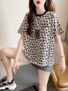 Mùa Hè Họa Tiết In Rộng Rãi Áo Thun Ngắn Tay Vừa Vặn Nữ Cỡ Lớn Cotton Vải Bông Thoải Mái Top遮肚炸街时尚宽松上衣