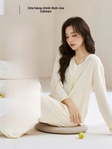 Bộ đồ ngủ nữ MiiOW Catwoman dài tay cổ chữ V màu trơn mặc - mùa hè 2025