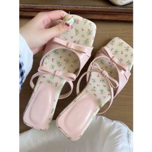 French Elegant Wedge Slippers Womens Square Head Temperament Open Toe Straight with Bow High Heeled Sandals Summer New
