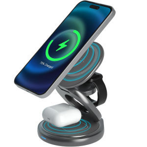 ZUZG 3-IN-1 Travel Wireless Charger for Multiple Devices Aluminum Alloy Foldable Magnetic Magsafe Charger 360 Rotating for iPhone 16/15/14/13/12 Seriesfor iWatchfor Airpods with PD30 Fast Charger