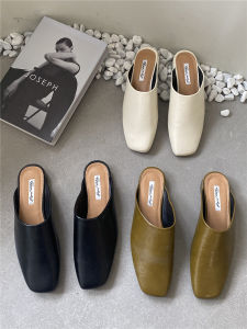 Korean Style Womens Slip-On Mules Summer 2024 Low Heel Flat Head Slippers Versatile Easy Wear Casual PU Leather Shoes