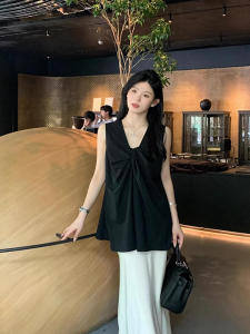 Áo Sơ Mi Nữ Cổ Chữ V Màu Đen Rộng Rãi Vừa Phải Mùa Hè Tươi Mới Thanh Lịch Dài Vừa Phải Ngọt Ngào Cay Nồng Áo Ba Lỗ