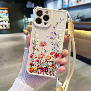 Floral Phone Case with Lanyard for iPhone 17 16 Pro Max 15 14 13 Silicone Cover Crossbody Strap Painted Flower Pattern Girls TPU