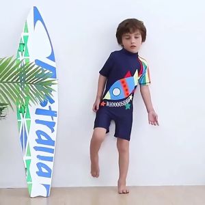 Adorable Deep Blue Rocket One Piece Swimsuit for Kids 9-36 Months Short Sleeve Swimwear Delight