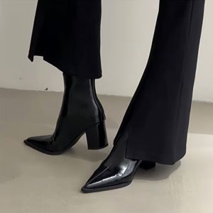 Sharp Toe Short Boots Womens Chunky Heel Back Zipper 2025 New Autumn Winter Black Patent Leather High-End Martin Boots