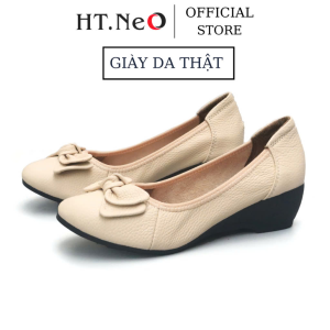 Giày Công Sở Nữ Đế Xuồng HT.NEO Da Thật Êm Mềm Gót Cao Đến 5cm Thiết Kế Nơ Vuông Đơn Giản Lich Sự GC-24