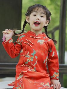 Red Cheongsam Children's New Chinese Style Dress Baby Girls Spring Autumn Fashionable Traditional Ethnic Clothing Flower Girl
