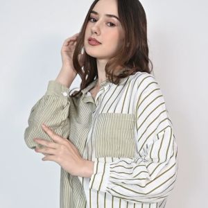 QUEENTIN Kemeja Casual Wanita 6261 Katun Silk Kombinasi Salur Lengan Panjang