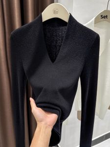 Loowmane | Black Long Sleeve V-neck Skinny Waist Shaping Knit Sweater