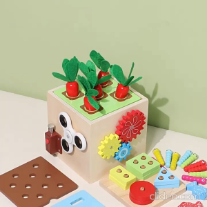 Hộp Gỗ Montessori 9 Trong 1 Đa Chức Năng - Busy Box Giáo Dục Sớm Câu Cá Luồn Dây Bánh Răng Ghép Khối Cho Bé