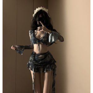 New Vintage Denim Color Bikini Four-piece Set Womens Swimsuit Steel Gather Slimming Hot Spring Skirt Style with Chest Pad